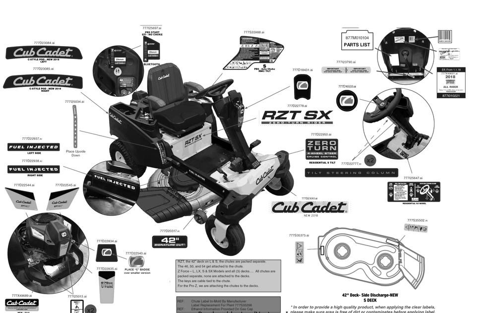 Label Map Diagram and Parts List for RZT-SX42EFI (17AWCBYS010)(2018) Cub Cadet Lawn Tractor